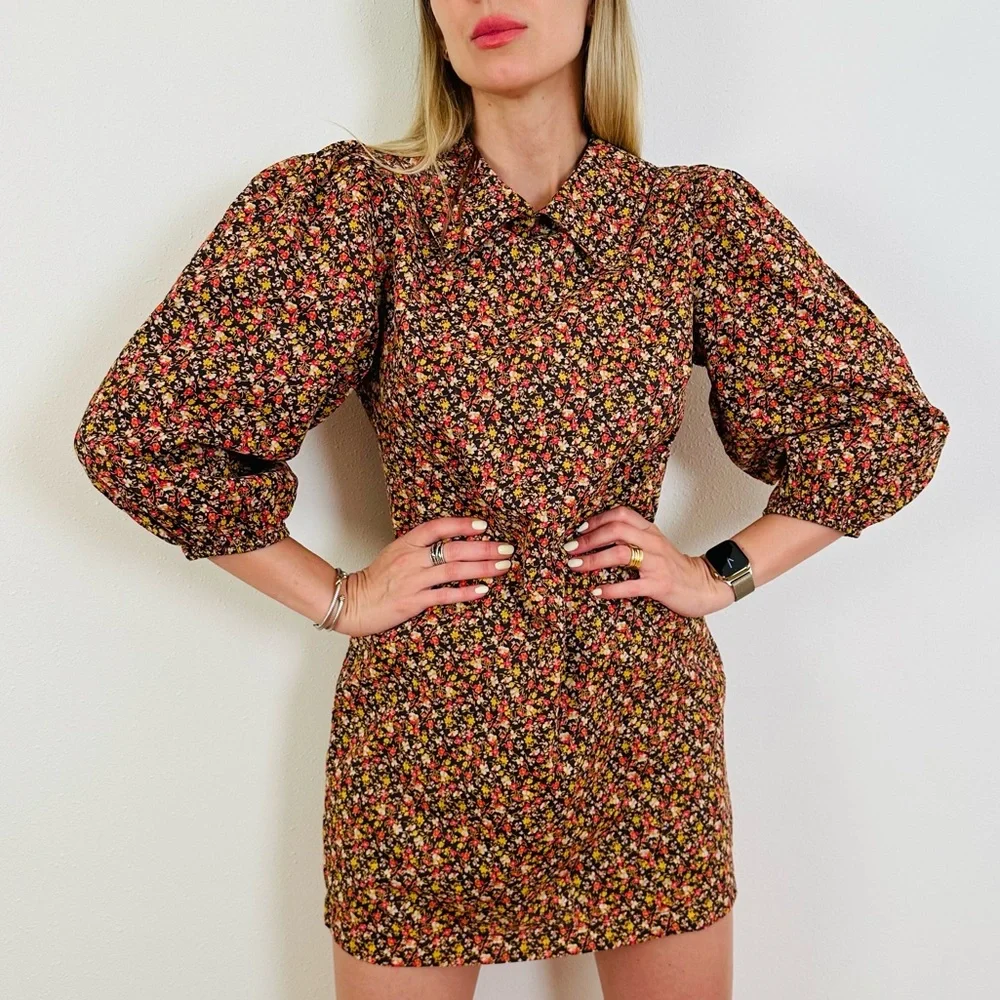 Free People Making Plans Floral Boho Point Colar Mini Dress